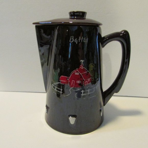 vtg redware pottery pankcake batter butter pitcher jam jar red barn kitchen - Picture 2 of 15